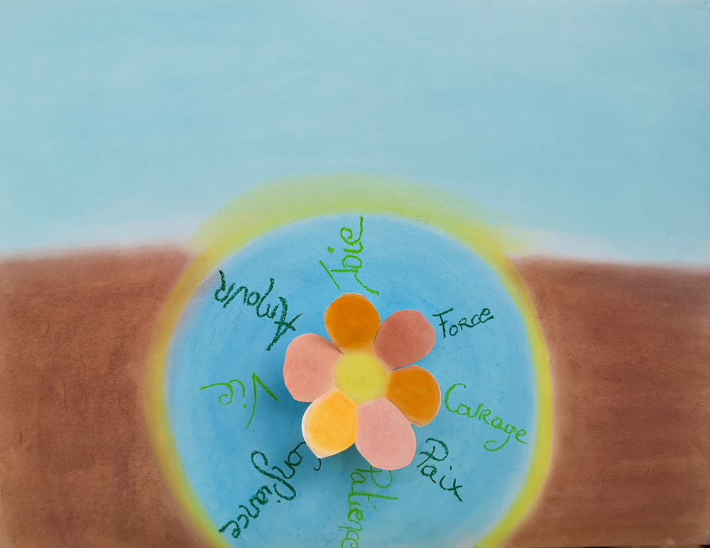 Dessin-pastels secs-fleur-coupe-Qualités-symbolique-art-thérapie-évolutive